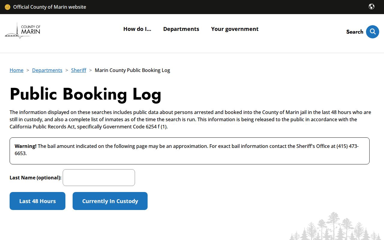Marin County people search in the public booking log