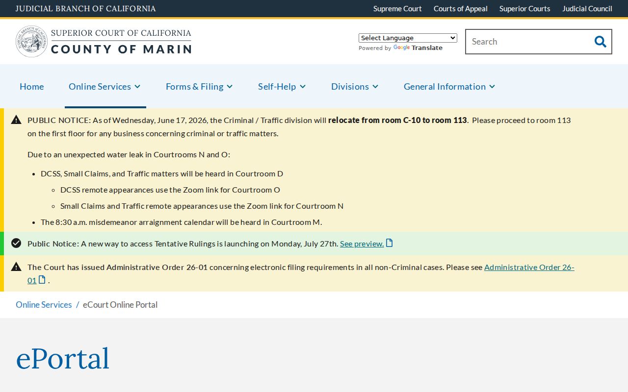 Marin County people search using the Superior Court ePortal