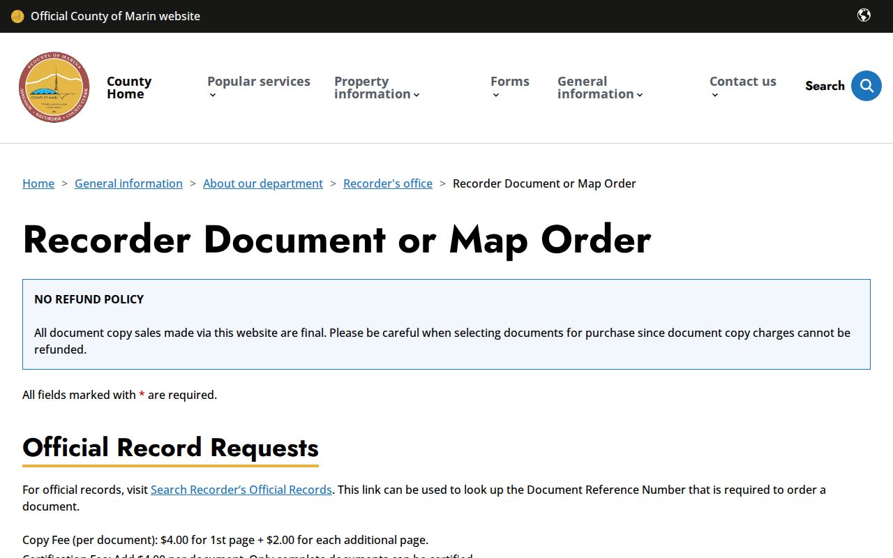Marin County public records document and map copy order form