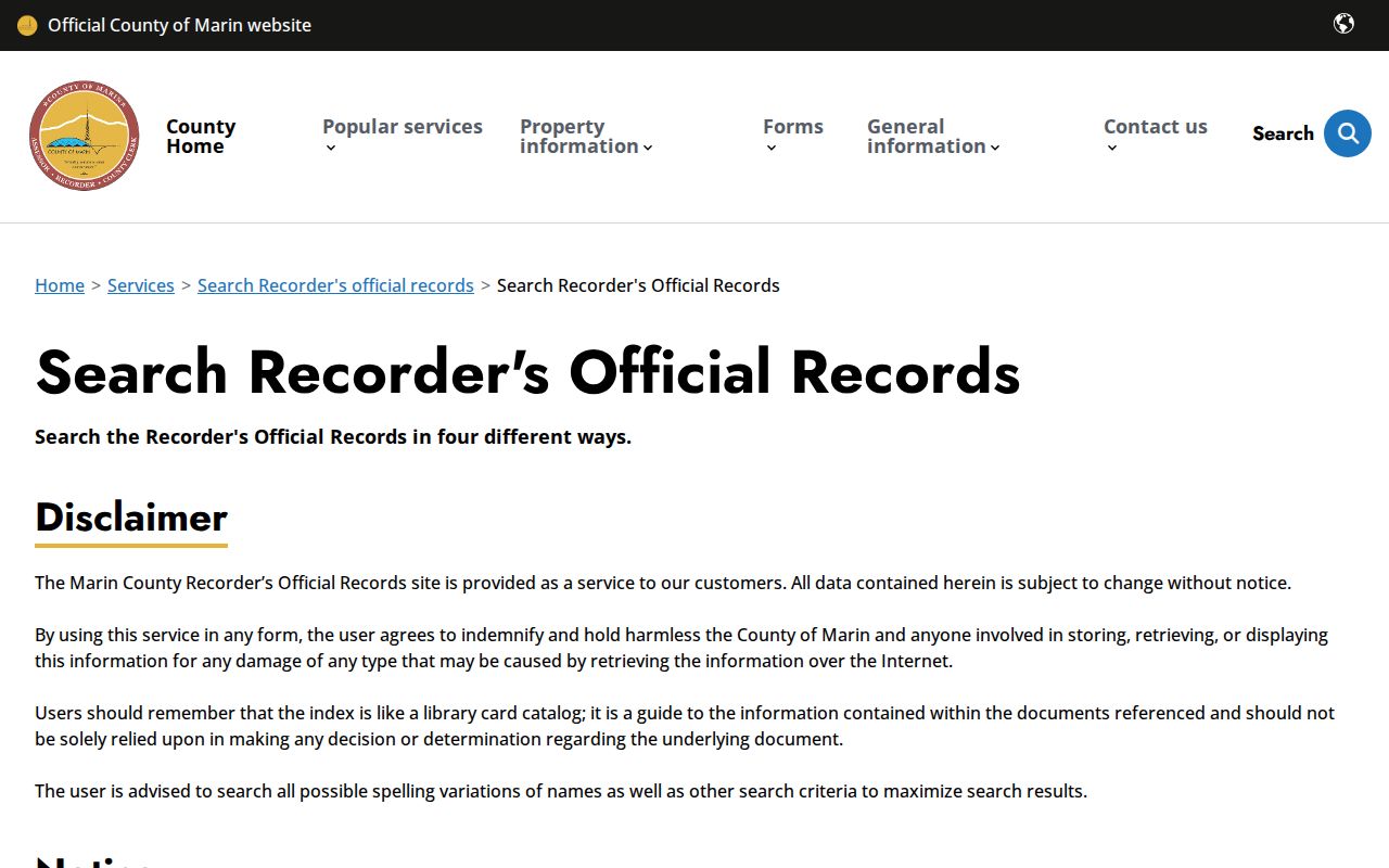 Marin County people search in the Recorder index