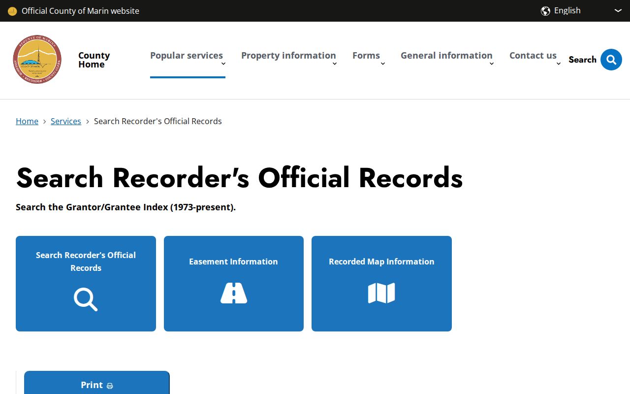 Marin County public records page for the Recorder Grantor-Grantee Index