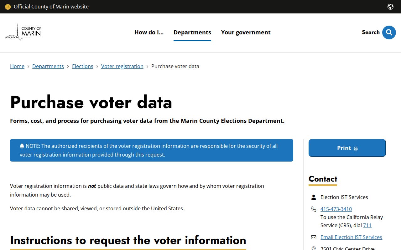 Marin County voter registration file purchase rules and mail procedure