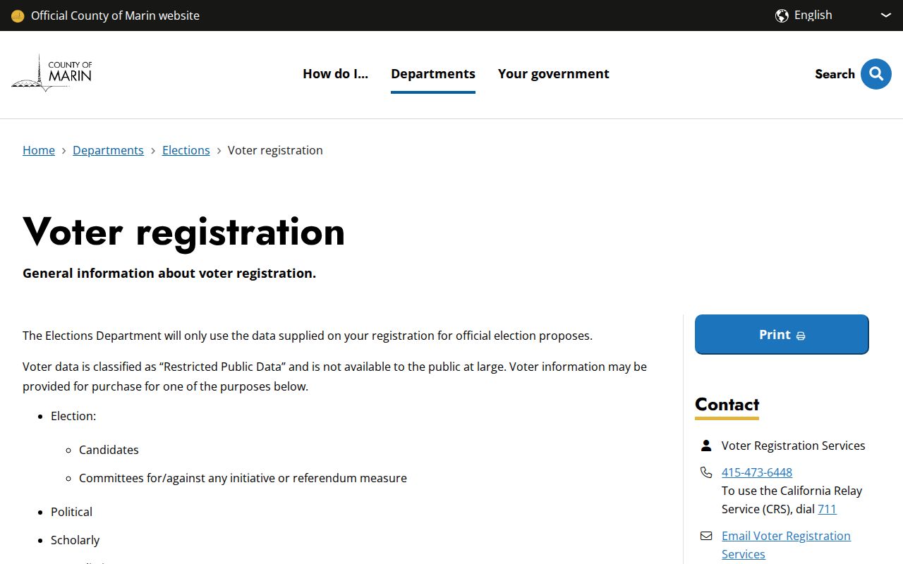 Marin County voter registration records restricted public data page