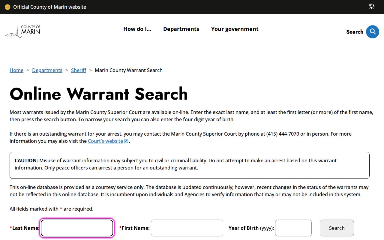 Marin County people search with the warrant lookup fields