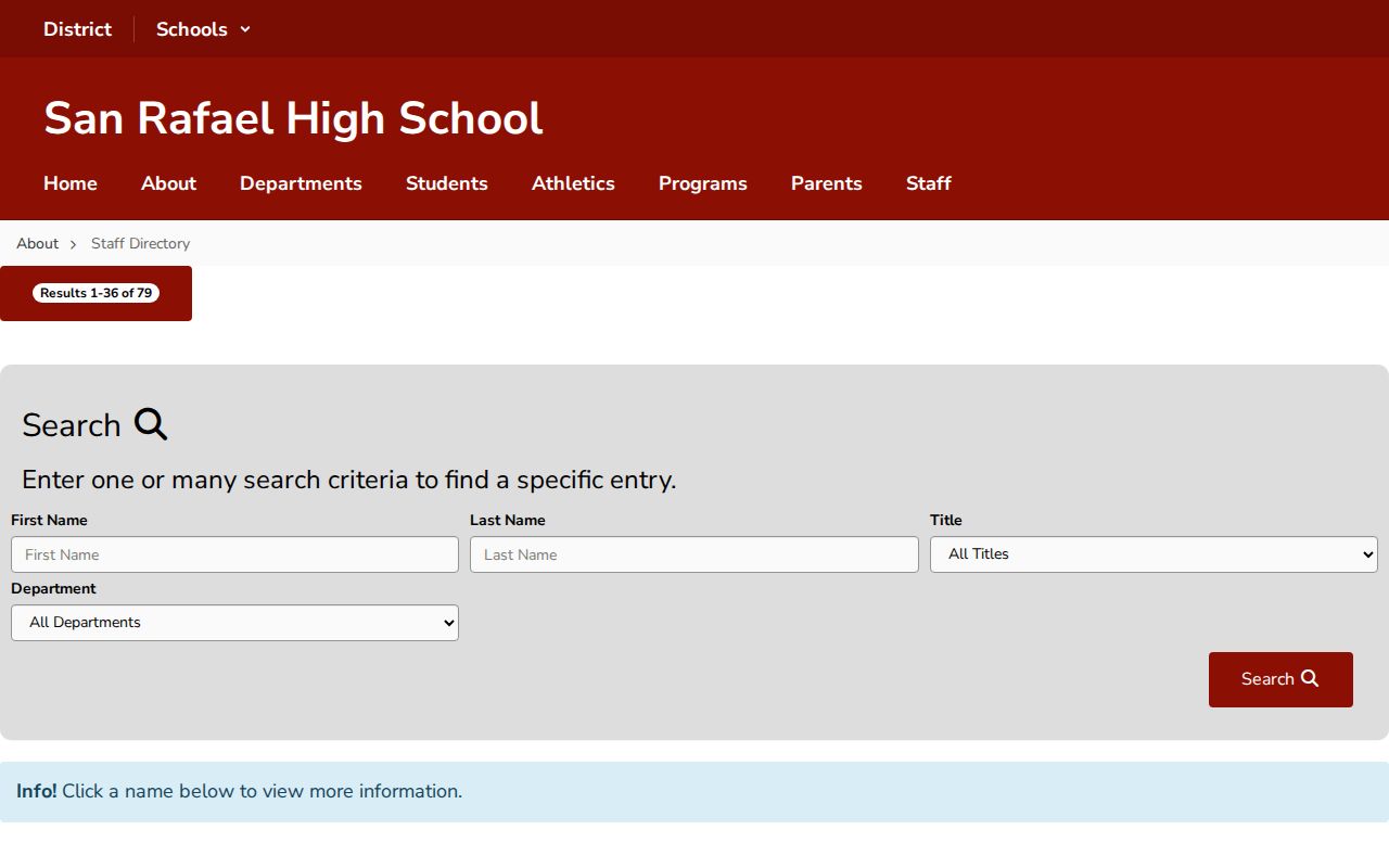 Marin County people directories search fields for San Rafael High staff