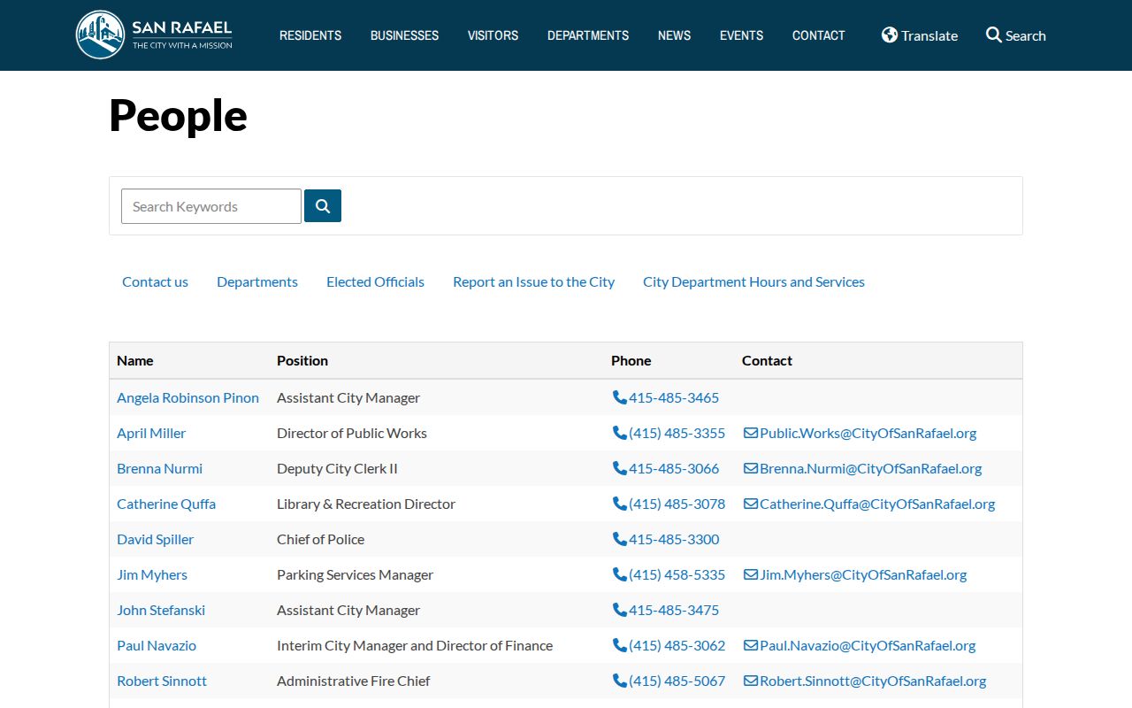 Marin County people directories entry list for San Rafael city staff